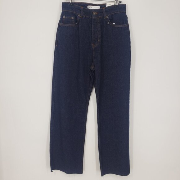 Zara New Straight Leg Jeans 2 High Rise Waist Dark Wash Denim Blue - Picture 1 of 10